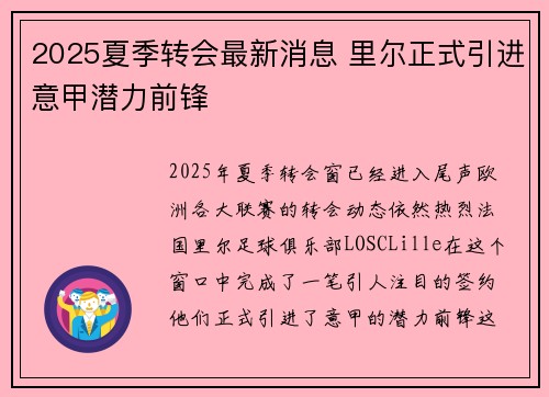 2025夏季转会最新消息 里尔正式引进意甲潜力前锋 2025夏季转会最新消息 里尔正式引进意甲潜力前锋