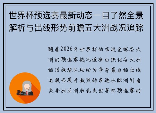 世界杯预选赛最新动态一目了然全景解析与出线形势前瞻五大洲战况追踪