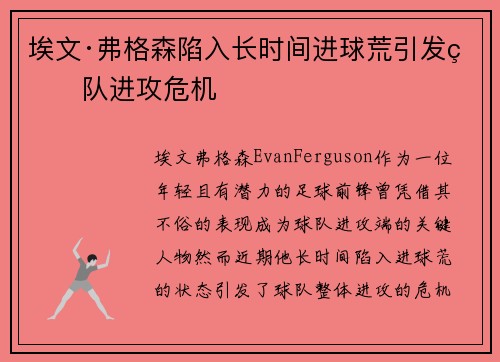 埃文·弗格森陷入长时间进球荒引发球队进攻危机 埃文·弗格森陷入长时间进球荒引发球队进攻危机