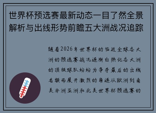 世界杯预选赛最新动态一目了然全景解析与出线形势前瞻五大洲战况追踪 世界杯预选赛最新动态一目了然全景解析与出线形势前瞻五大洲战况追踪